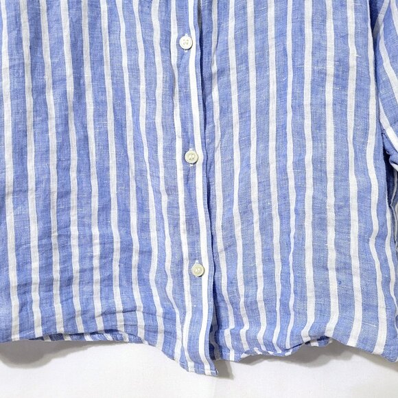 H&M Womens 100% Linen Button Down Top Size L Short Sleeve Blue Striped Coastal - Picture 4 of 11
